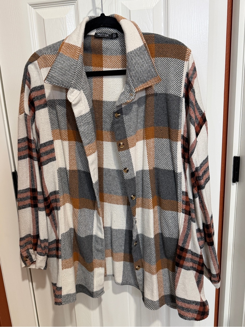 Nasty Gal Plaid Button-Front Shacket in Cream, Gray & Rust Brown